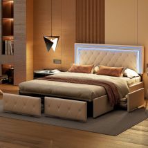 Lit double 140x200 cm, avec 4 tiroirs de rangement, éclairage led, sommier à lattes en bois, cadre en métal, lit capitonné en similicuir - Blanc