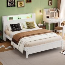 Tanant - Lit double 140x200cm avec sommier à lattes en pin, étagères ouvertes et tête de lit éclairée par led, adapté aux adolescents et aux adultes,