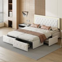 Fortuna Lai - Lit double 140x200cm, cadre de lit avec 4 tiroirs, sommier à lattes et tête de lit led réglable, style moderne, cuir pu, blanc