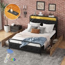 Fortuna Lai - Lit double 140x200cm - Lit adulte en fer avec 4 tiroirs, sommier à lattes et tête de lit avec led et prise usb - Noir
