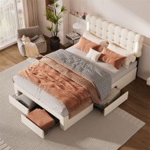 Fortuna Lai - Lit double 140x200cm, lit capitonné avec 4 tiroirs, sommier à lattes et tête de lit led, velours, beige