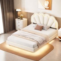 Sureh - lit double 140x200cm, lit enfant avec tête de lit en forme de nuage et éclairage led, Lit Flottant, Lit capitonné, sommier à lattes, velours,