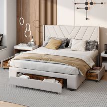 Fortuna Lai - Lit double 140x200cm, lit plat avec 3 tiroirs, sommier à lattes et tête de lit, style scandinave, en tissu lin, beige