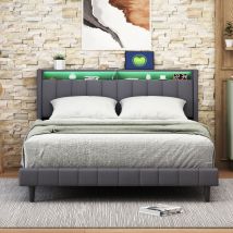 Lit Double 160x200, Cadre de Lit 160x200, Lit Adulte Capitonne, Lit Coffre, avec Éclairage LED et Chargement USB, Tête de Lit avec Rangement, sans