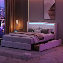 Nmonet - Lit double 140x200 cm, 4 tiroirs, éclairage led, 2 prises usb, cuir pu, sommier à lattes, lit capitonné adulte - Beige