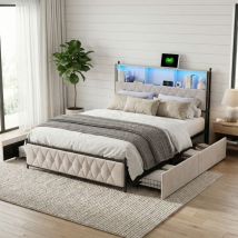 Erwachsenenbett, Doppelbett 140x200 Cm Aus Samt Mit 4 Schubladen, Kopfteil Mit Stauraum, Led-beleuchtung Und Usb-anschlüssen, Metallgestell, 
