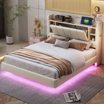 Hauss Spole - Lit double 140x200 cm, Lit adulte rembourré, prise usb + bandeau lumineux, tête de lit avec rangement, lin, sans matelas, beige
