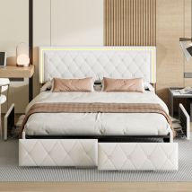 Sureh - Lit double 160x200, Lit 160x200 - avec 4 tiroirs et éclairage led, lit capitonné avec sommier à lattes, lit adulte, pu, Blanc
