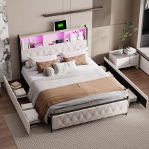 Sureh - lit double 160x200, lit adult 160x200, lit capitonné avec 4 tiroirs, port de recharge usb et Type-C, éclairage led, sommier à lattes,