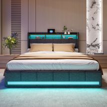 Blanketswarm - lit double 160x200, lit capitonné 160x200, lit coffre avec 4 tiroir, lit adulte led avec chargement 2 usb et Type-C, tête de lit avec