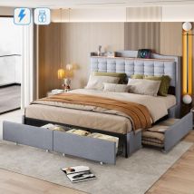 Lit double 160x200 cm, avec 4 tiroir, usb fonction de charge, tissu lin, style Moderne, lit adulte capitonné - gris