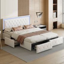 Lit double 160x200 cm, avec 4 tiroirs de rangement, éclairage led, sommier à lattes en bois, cadre en métal, lit capitonné en similicuir - Blanc