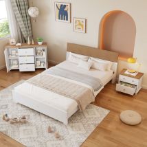 Eifson - Lit double 160x200cm, avec chevet + commode, tête de lit contrastée, 15 lattes, chevet avec 2 tiroirs, commode avec 3 tiroirs et 2 portes,