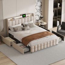 Lit adulte 140 x 200 avec 4 tiroirs, lit double avec fonction de chargement USB, lit rembourré avec LED, sommier à lattes en bois, tissu en lin,Beige