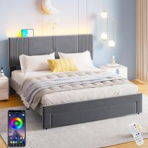 Lit double 160x200 cm, éclairage LED, tissu velours, avec 2 ports de chargement USB, tiroirs, lit adulte style moderne - gris