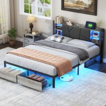 Lit double 180x200cm - Lit adulte LED en métal avec 2 tiroirs, sommier à lattes et tête de lit avec port charge - Gris