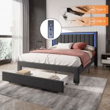 Lit double 140x200 cm, 1 tiroir au pied du lit, éclairage led, ports usb et Type-C, sommier à lattes, cadre en métal, lin, convient aux adultes et