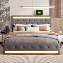 Lit Double 140x190, Lit Capitonné 140x190, Lit Coffre Avec 4 Tiroirs, Lit Adulte Led Réglable, Tête De Lit Avec Chargement Usb, Sommier À Lattes En 