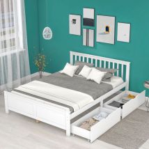 Lit double 140x200 cm, avec deux tiroirs de rangement, structure en pin, sommier à lattes, adapté aux adultes et adolescents - Blanc