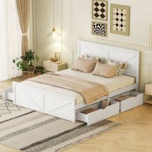 Hauss Spole - Lit double adulte 160x200cm, lit plateforme simple en bois avec 4 tiroirs, sans matelas, pin, blanc