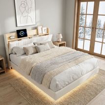 Doppelbett 140x200 Cm Für Erwachsene Mit Led-beleuchtung Und Schwebendem Design, Erwachsenenbett, Kopfteil Mit Stauraum Und Usb/type-c Anschlüssen, 