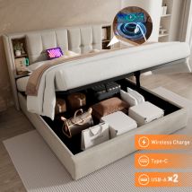 Lit double avec chargement sans fil usb c, cadre de lit rembourré 160x200cm, cadre de lit avec rangements, sommier à lattes en bois et lin naturel