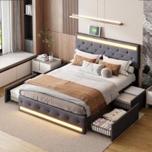Lit 160x200 cm, avec 4 tiroirs, éclairage led, fonction de charge usb, lin, sommier à lattes, cadre en métal - Beige