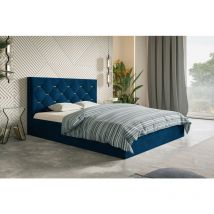 Lit double 140x200 Balma - Lit double avec Tiroir de Lit - sommier à lattes & accessoires dorés sur la tête de lit (Bleu - Kronos 09)