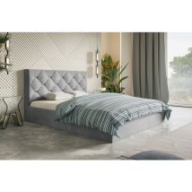 Lit double 160x200 Balma - Lit double avec Tiroir de Lit - sommier à lattes & accessoires dorés sur la tête de lit (Gris - Jasmine 90)