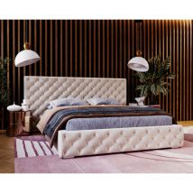 Lit double 180x200 Bella - Lit Chesterfield, lit glamour - sommier à lattes & coffre de lit - Beige (Magic Velvet 2201)