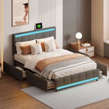 Nmonet - Lit double capitonné 140x200 cm avec 4 tiroirs, éclairage led, port usb, sommier à lattes, linge, lit tiroir adulte - Gris