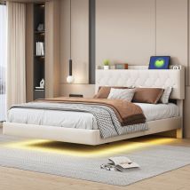 Lit double capitonné 140x200 cm, avec port de charge usb et bande led, lin, beige