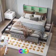Sureh - Lit double capitonné 140x200cm, avec 4 tiroir, Lit adulte avec 2 stations de recharge usb, tête de lit de rangement éclairée led, lit