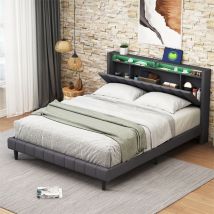 LBF - Lit adulte capitonné, lit double en lin, avec sommier à lattes, tête de lit de rangement peut être rabattable avec led et charge usb, Gris