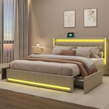 Lit double capitonné 160x200cm, Lit coffre avec 4 Tiroirs, Lit adulte avec sommier à lattes, éclairage LED, tête de lit avec fonction chargement USB,