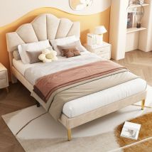 Retrok - Lit Double Capitonné, 140x200cm, Tête de Lit Réglable en Hauteur, Sommier à Lattes en Bois,Velours Beige