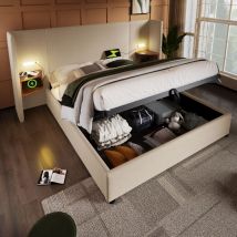 Lit double capitonné 160 x 200 avec table de chevet, liseuse et chargeur USB Type-C, beige, lin.