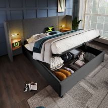 Lit double capitonné 160 x 200 avec table de chevet, liseuse et chargeur usb Type-C, gris, lin.