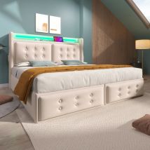 Lit Double Capitonné 160x200 Avec Tête De Lit led Et Chargeur usb c, Beige (sans Matelas)