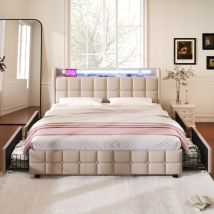 Lit double capitonné 180x200 cm, avec 4 tiroirs, éclairage led, ports et prises usb, sommier à lattes, linge, lit queen size - Beige