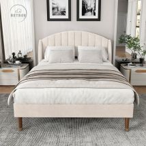 Lit double capitonné 160x200cm avec sommier à lattes en bois et tête de lit, lit ado, lit enfant - lit en velours beige