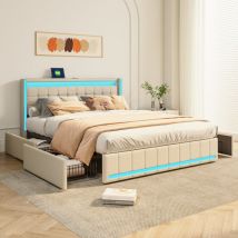 Sureh - Lit Double Capitonne 160x200cm, Lit avec tiroirs rangement, Lit adulte avec éclairage led et tête de lit, usb fonction de charge, sommier à