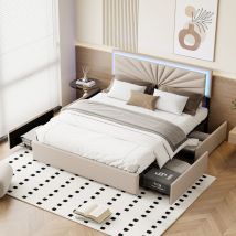 Blanketswarm - Lit double capitonné 160x200cm,lit double avec 4 tiroirs,lit adulte avec éclairage led et tête de lit réglable,lit avec tiroirs,style