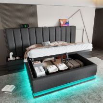 Lit double capitonné 180 x 200 avec app control led et chargement usb-c, lin, gris, sans tête de lit