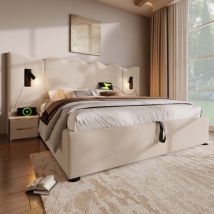 Lit double capitonné 180 x 200 avec liseuse et chargeur usb Type-C, Beige, Linen