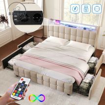 Lit double capitonné 180x200cm - avec 4 tiroirs, éclairage LED, tête de lit avec fonction chargement USB, sommier à lattes, lit adulte en lin - Beige