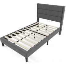 Lit double capitonné 90 x 200 cm avec sommier à lattes et tête de lit, couvre-lit en lin gris