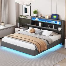 Fortuna Lai - Lit double capitonné avec prise usb et led, lit adulte avec sommier à lattes et tête de lit réversible, tissu en lin, gris 160x200cm