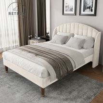 Lit double capitonné avec sommier à lattes en bois et tête de lit, lit ado, lit enfant - lit en velours beige 140x200cm - beige