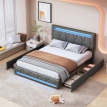Fortuna Lai - Lit double 160x200cm, avec 4 tiroirs, sommier à lattes, tête de lit réglable et pied de lit avec led, designe unique, lin, gris